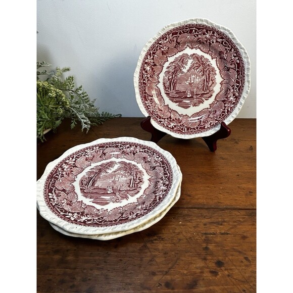 Set Of 3 Mason's Vista Red Pink Ironstone 7.5” Salad Bread Plates England READ - Picture 1 of 10